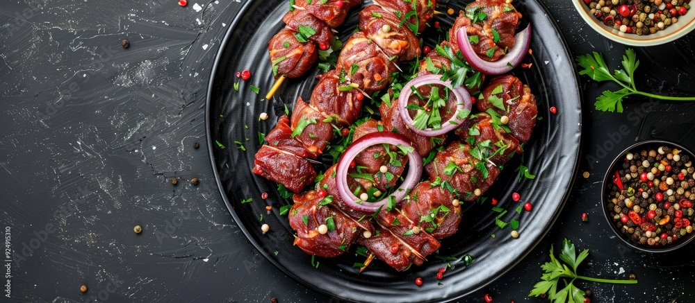 Aufkleber a raw marinated kebab with onions and spices displayed on a black plate in a top view with available