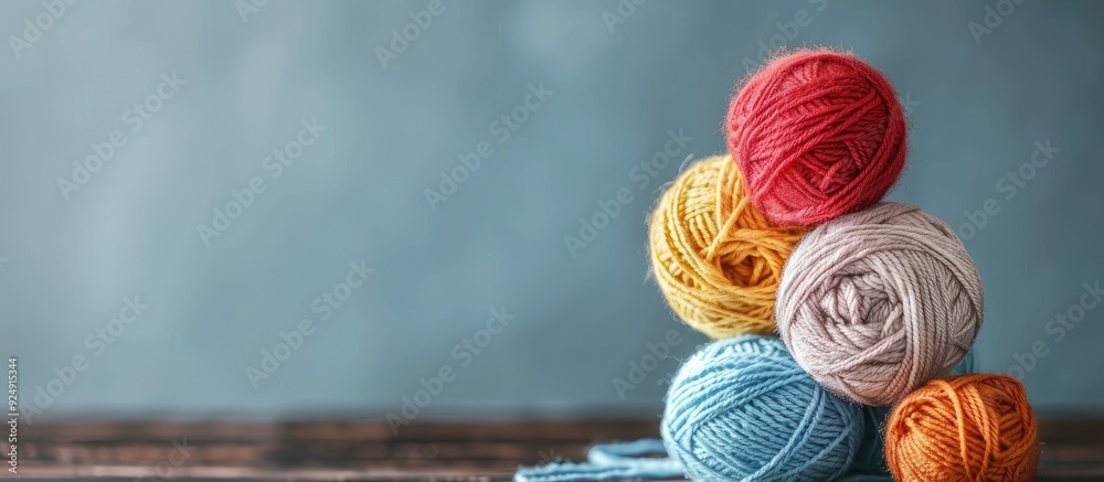 Poster Table with yarn ball thread roll and copy space image for text