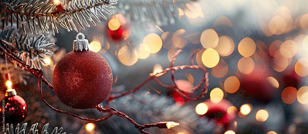 Fototapete festive christmas themed image with tree branches and baubles featuring copy space image
