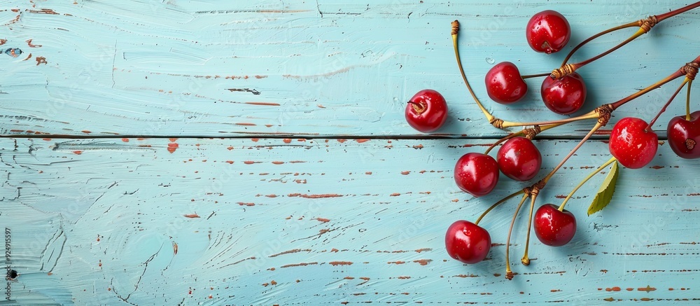 Poster ripe red cherries sit on branches on a light blue wooden table with a striped texture creating a vib