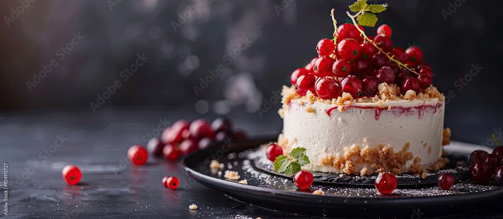 Poster front view of a cake dessert adorned with fresh currant berries on a dark background with copy space