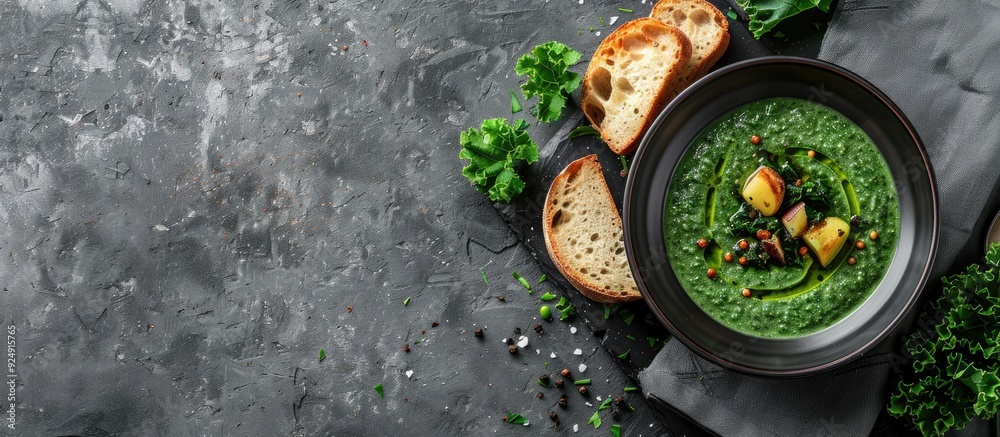 Poster homemade kale cream soup with potatoes bread on gray background with copy space image a healthy dish