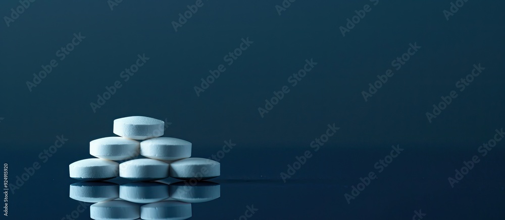 Poster white pills stacked neatly on a glossy black blue surface with copy space image