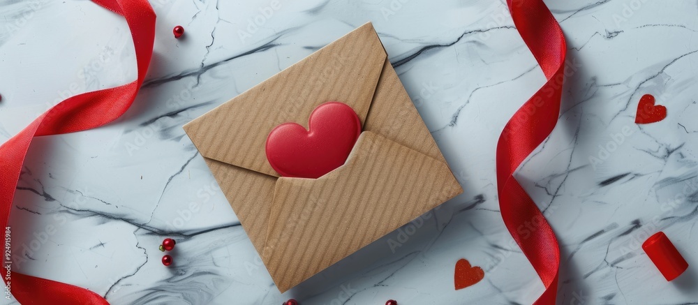 Aufkleber Simple card mockup featuring ribbons heart shaped box and a craft envelope displayed with a flat lay perspective in a top view copy space image