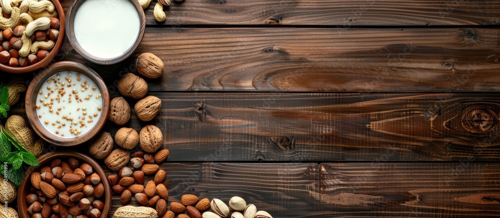 Poster variety of nuts and vegan milk displayed on wooden table with copy space image