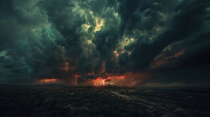 Fototapeta premium A dramatic sky background with dark storm clouds, lightning illuminating the scene, and a sense of impending weather changes, adding a dramatic and powerful element to the visual