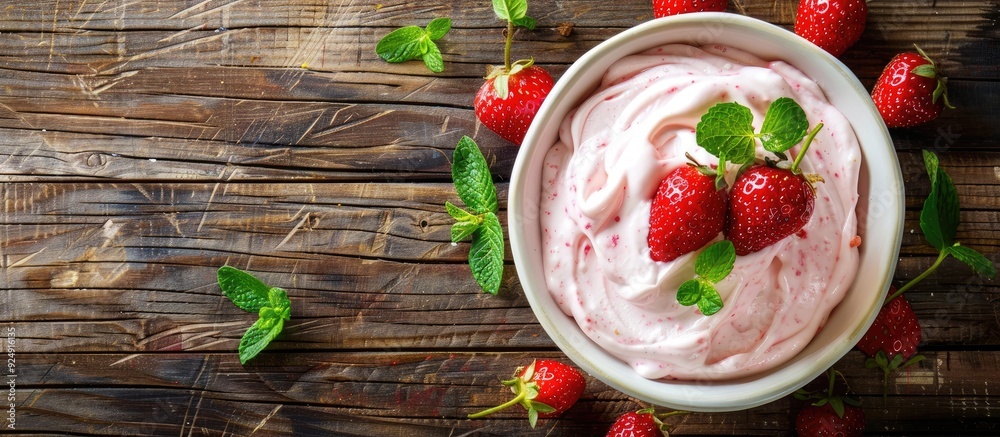 Aufkleber strawberry creamy dessert with mint on a wooden background viewed from the top with ample copy space