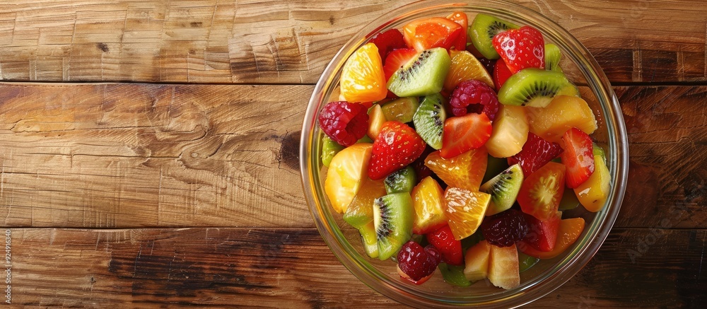 Poster fresh fruit salad in a bowl on a wooden surface captured from the top with copy space in the image