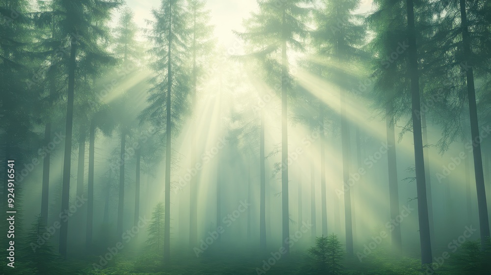 Canvas Prints a forest with trees and sunlight shining through the leaves