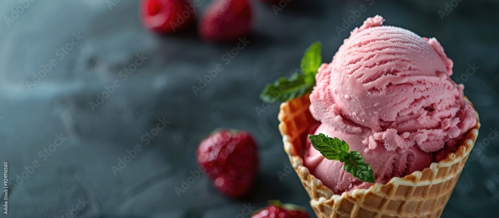 Poster Scoop of strawberry ice cream in a crispy waffle cone with a delightful copy space image
