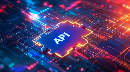 vibrant digital representation of an API symbol, surrounded by colorful circuit patterns, conveyingsense of innovation and technology. 