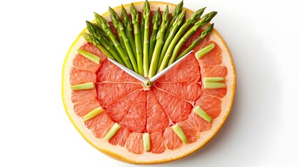 Grapefruit Clock with Asparagus Hands Isolated on White Background