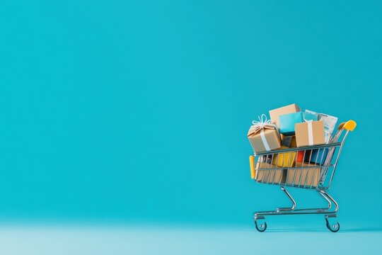 Overfilled Shopping Cart with Gifts on Blue Background