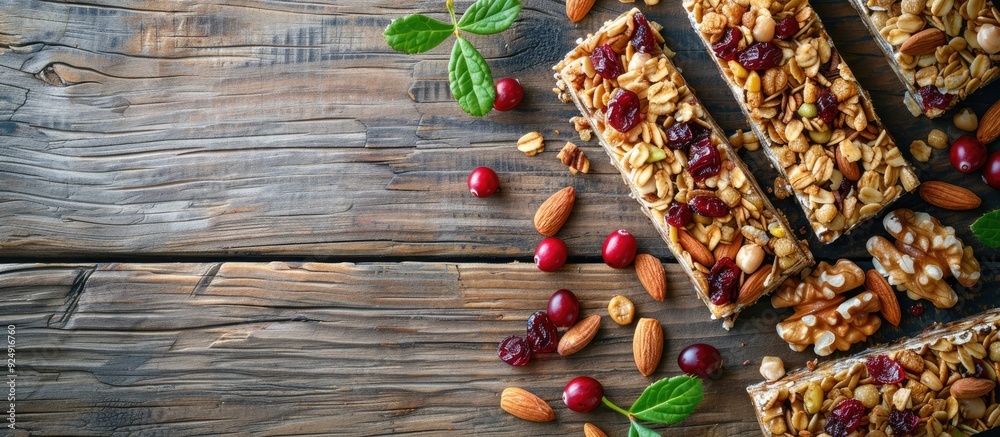 Poster a selection of granola bars with nuts cereals and cranberries is arranged on a wooden table it is a 