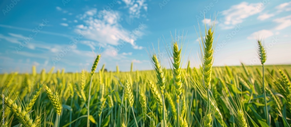 Poster lush green wheat field with a rustic agricultural texture featuring a serene outdoor scene under a v