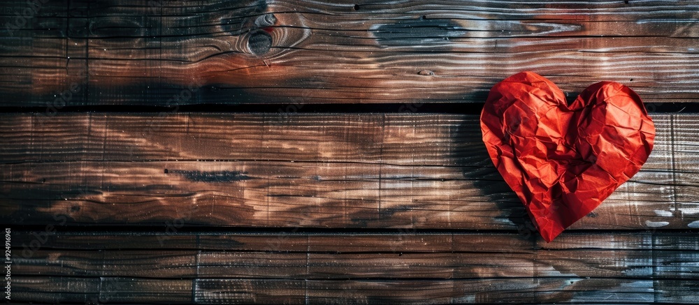Poster valentine s day and romance concept with a red heart shaped paper on a wooden background showing lov