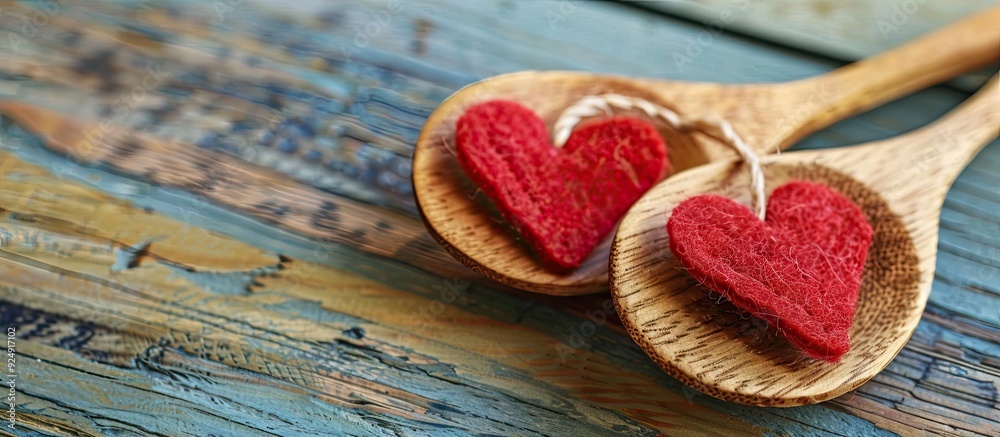 Aufkleber a wooden spoon with felt hearts on a table offers a charming concept with available space for text o