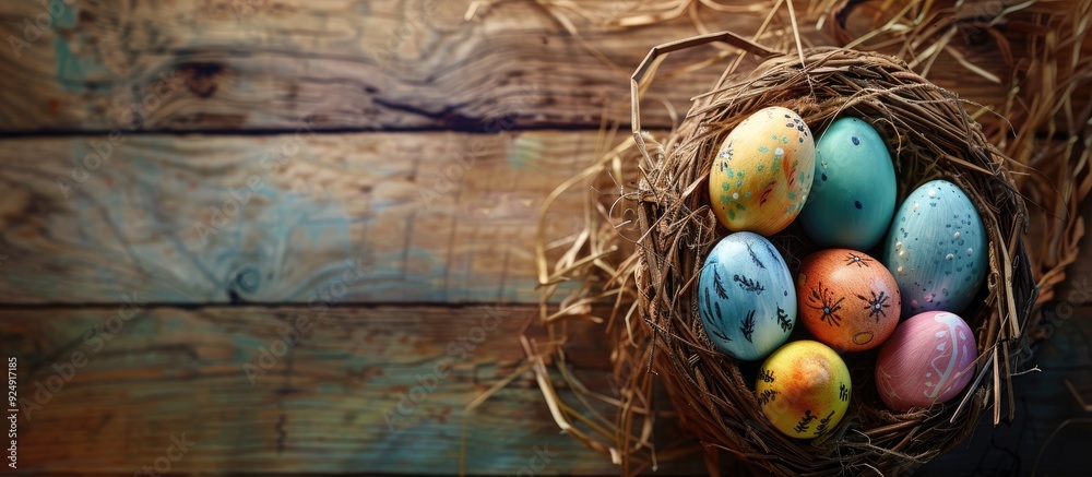 Fototapete Easter eggs in a basket displayed on a wooden surface with a blank area for adding an image. Creative banner. Copyspace image