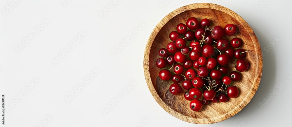 Poster top down view of ripe viburnum berries in a wooden bowl on a white background with suitable copy spa