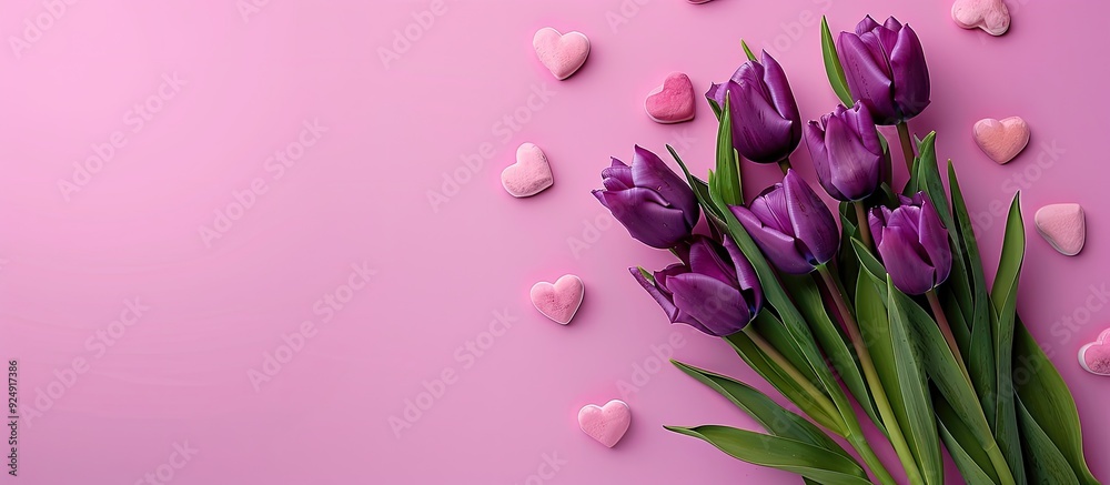Poster purple tulip bouquet with hearts on a pink backdrop conveying mother s day valentine s day or birthd