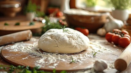Fototapeta premium A pizza dough on the kitchen table, with a rolling pin and bowl in the background. The focus is on an oversized ball of white pizza dough. Generative AI.