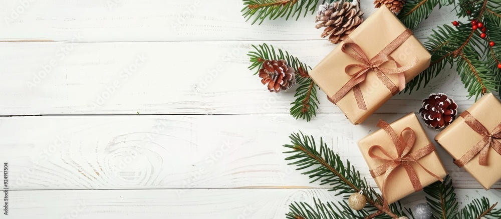 Poster Handcrafted gift boxes with ribbons lie beside a fir tree on a white wooden table background creating a festive scene with copy space image