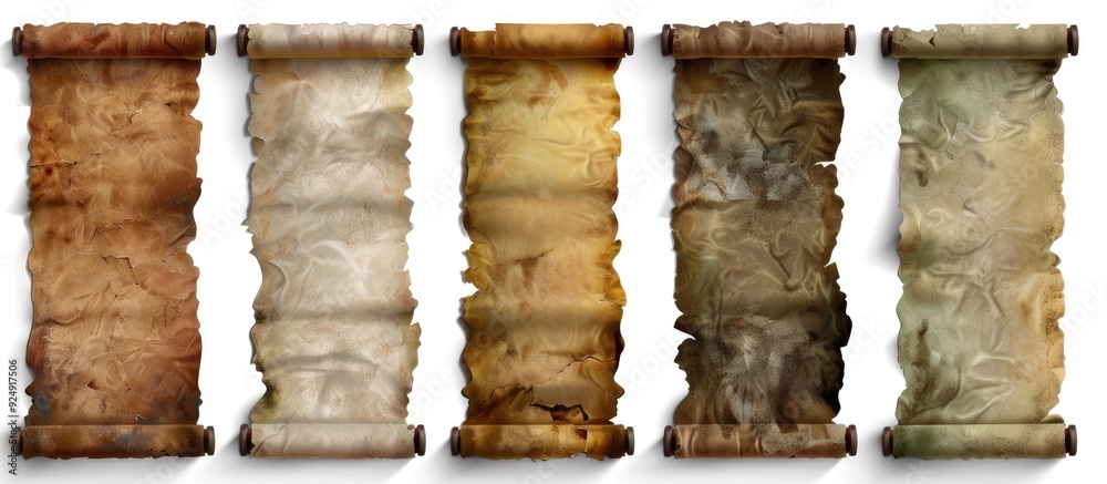 Fototapete vertical banners set featuring an old parchment paper scroll isolated on white with a shadow allowin