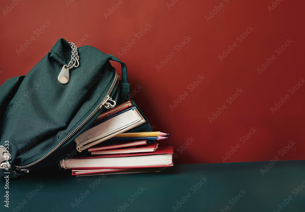 Aufkleber green backpack leaning on a stack of books and pencils on a green surface with a red background and 