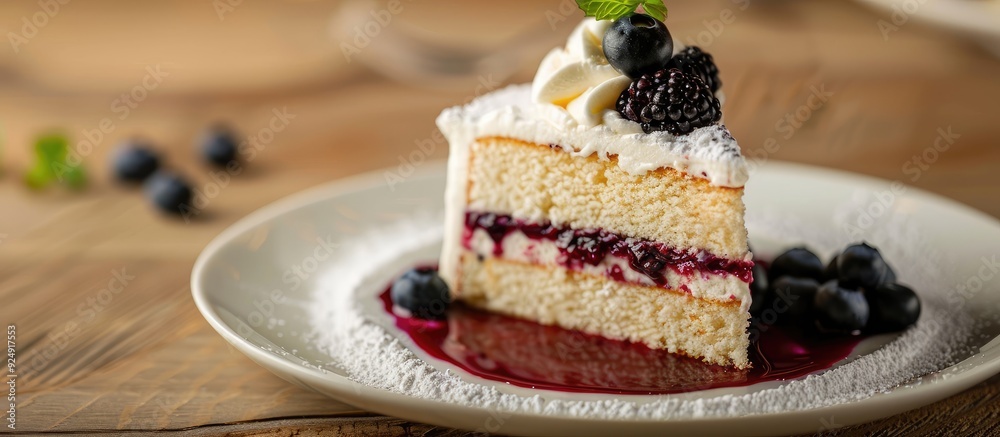 Poster vanilla sponge cake adorned with dairy whipped cream and blueberry sauce placed on a wooden table wi