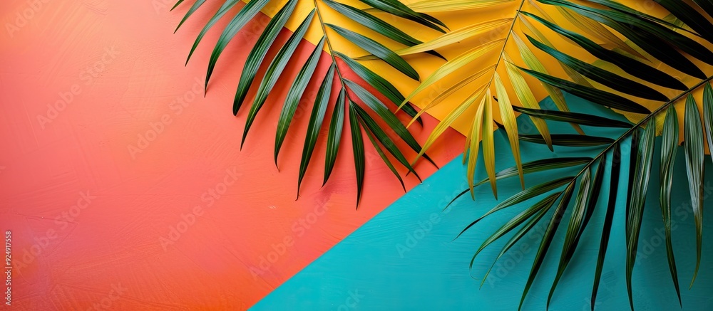 Canvas Prints top view of vibrant tropical date palm leaves against a colorful backdrop with copy space image