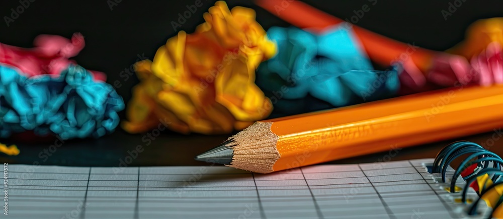 Leinwandbilder selective focus on a notebook with a pencil colored crumpled paper and a black background providing 