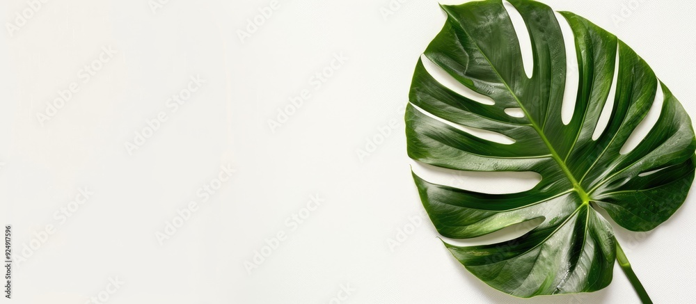 Aufkleber Top down view of a vibrant tropical monstera leaf against a clean white backdrop featuring ample copy space for a poster or image