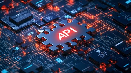 vibrant digital representation of an API symbol oncircuit board, conveyingsense of technology and connectivity. 