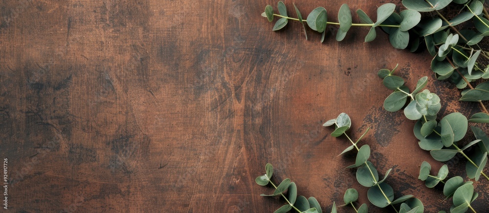 Poster a banner with copy space is placed on a textured brown table decorated with fresh eucalyptus branche