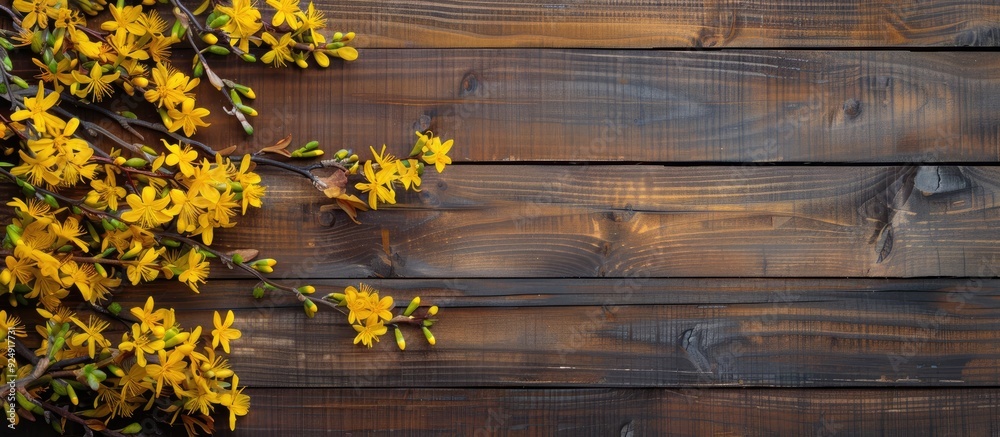 Poster wooden background showcasing a vibrant forsythia with copy space image available