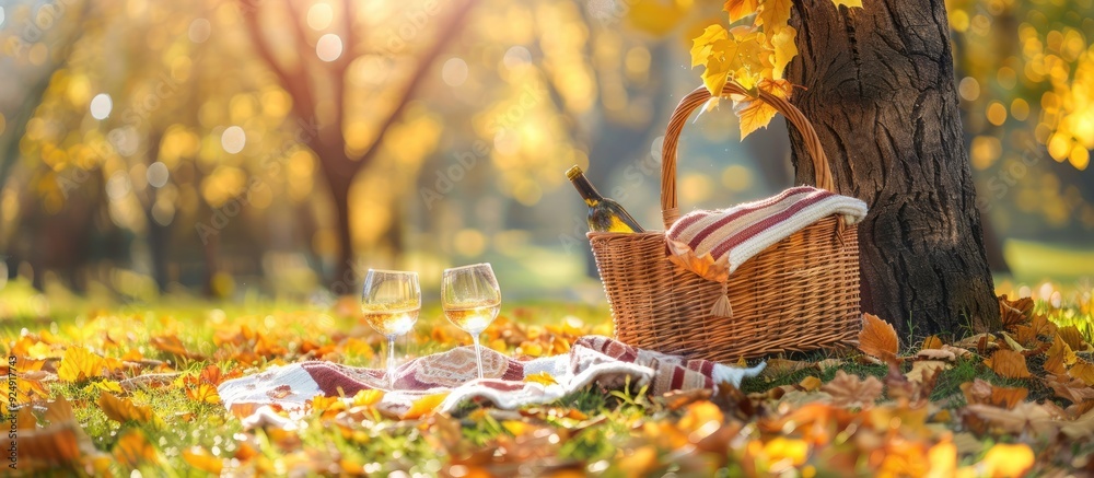 Poster a warm autumn picnic setting with a basket blanket wine glasses and yellow leaves by a tree on a sun