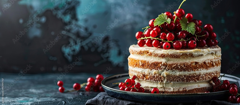Aufkleber front view of a cake dessert adorned with fresh currant berries on a dark background with copy space