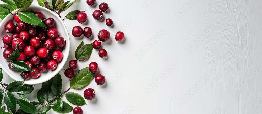 Poster white table displaying dried cranberries green leaves and ample copy space image