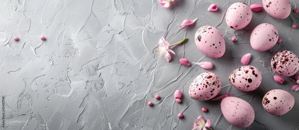 Poster happy easter holiday featuring pink quail eggs on a gray background in a flat lay composition with c