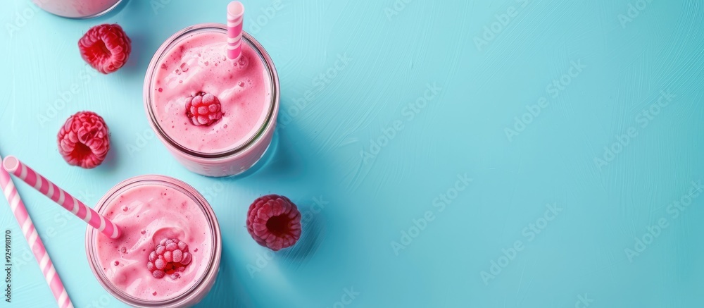 Poster Pink smoothies displayed on a blue background with additional room for text or images known as copy space image