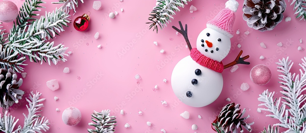 Leinwandbilder Horizontal banner with a cheerful snowman toy spruce branches cones and balls on a pink backdrop ideal for adding your own images or text. Creative banner. Copyspace image