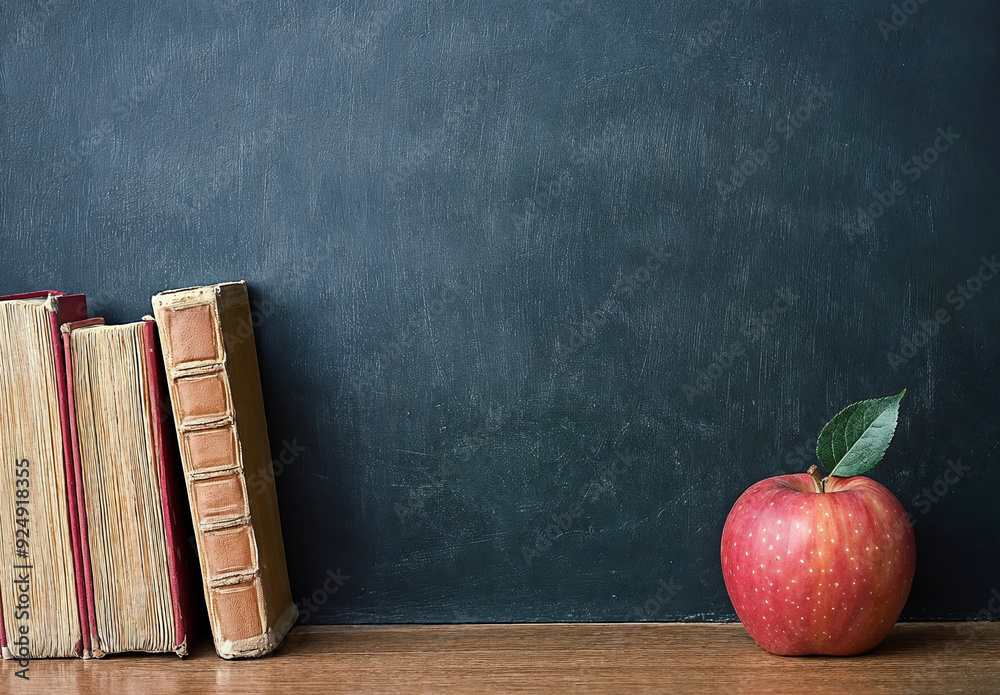Poster Table with a red apple and old books in front of a blank blackboard, copy space background