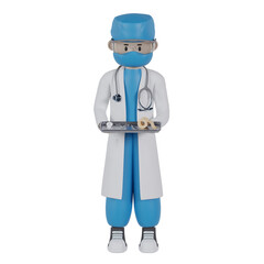 Male surgeon character in white lab coat holding tray with a set of surgical instruments 3d rendered illustration