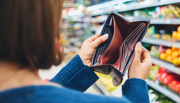 Worried woman checking her empty wallet when shopping in supermarket.