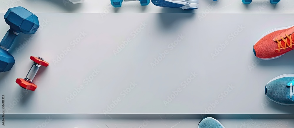 Poster View from the top of a white table with dumbbells and sneakers for sports with empty space for an image. Creative banner. Copyspace image