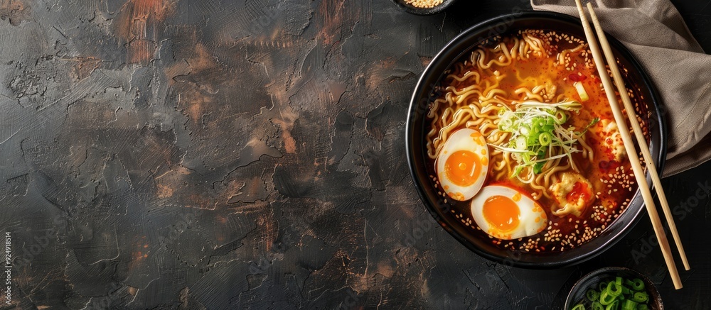 Poster traditional asian noodles floating in savory broth with copy space image for presentation