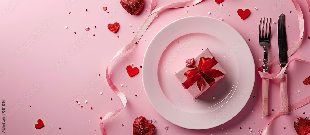 Aufkleber valentine s day table setting with hearts gift and copy space image on a pink backdrop