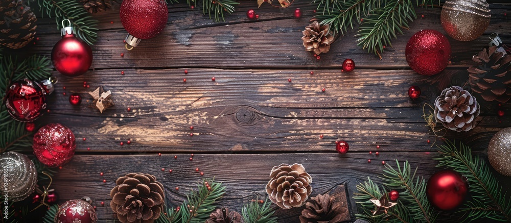 Poster festive christmas decor set against a rustic wooden backdrop with copy space image