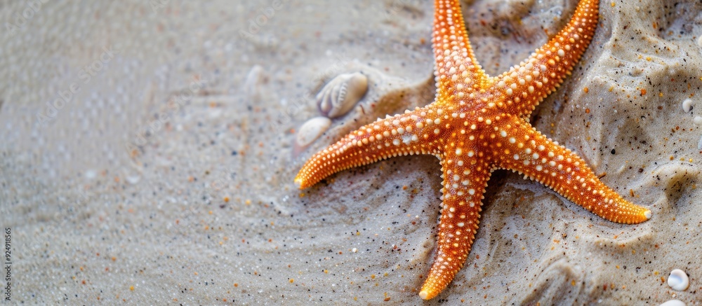 Fototapete top view of a stunning starfish on sandy beach with space for text in the image. creative banner. co