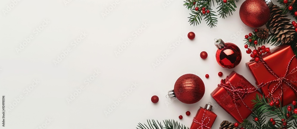 Poster festive holiday arrangement featuring gifts and red ornaments on a white backdrop conveying a christ